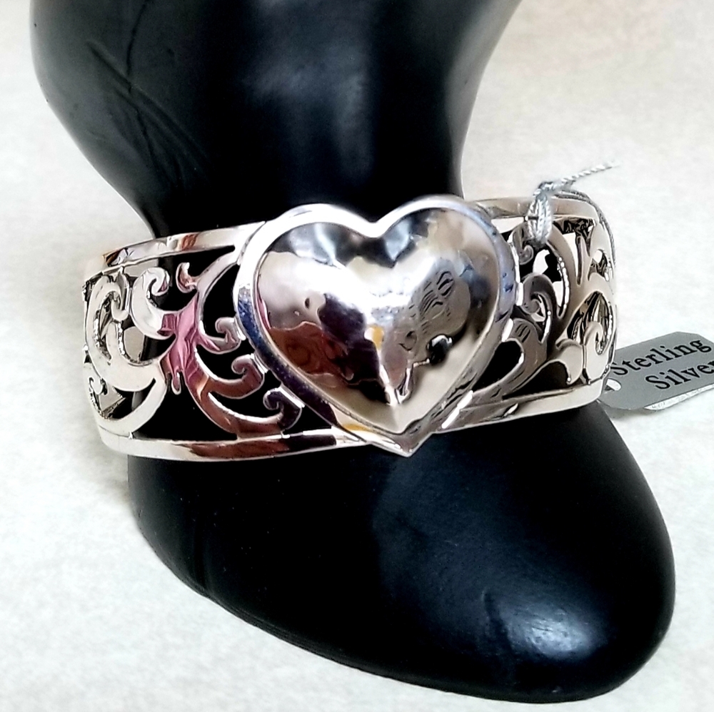 NWOT STERLING SILVER SCROLL HEART CUFF BRACELET - Picture 6 of 7